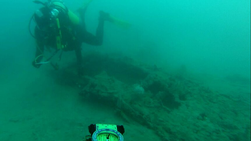 Divers check out the tail of the plane found in waters off Broome