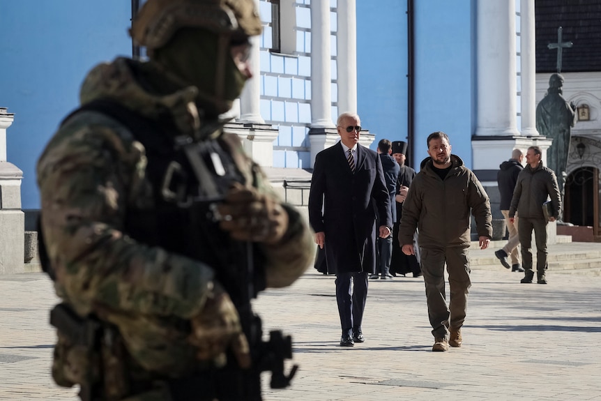 US President Joe Biden and Ukraine's President Volodymyr Zelenskyy visit Saint Michael's cathedral in Kyiv.