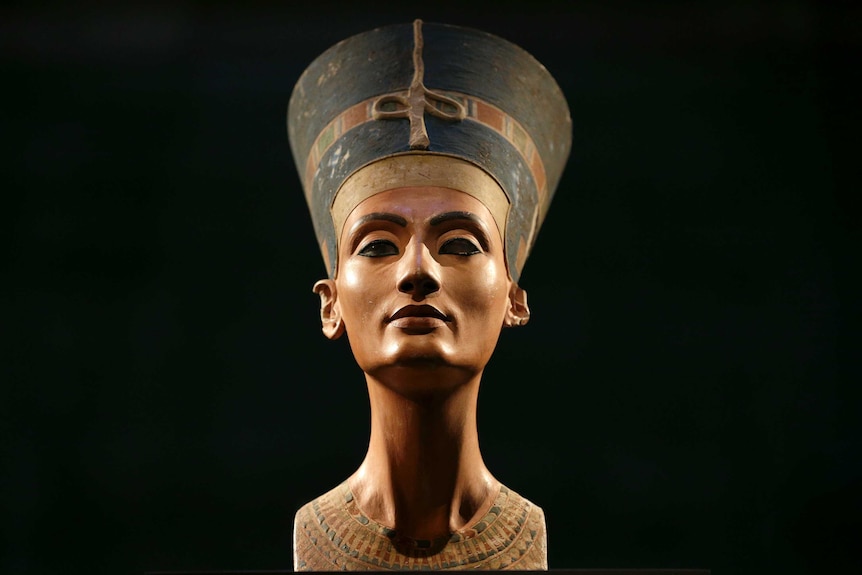 The Nefertiti bust is pictured during a press preview of the exhibition in Berlin
