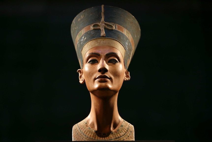 The Nefertiti bust is pictured during a press preview of an exhibition in Berlin