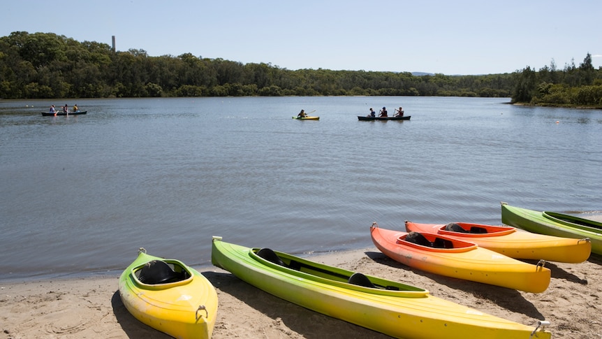 Three empty kayaks on the shore of a lake