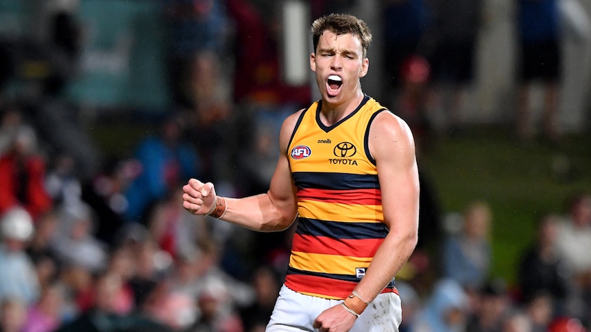 Adelaide Crows player Riley Thilthorpe clenches his fist and shouts after an AFL goal against St Kilda.