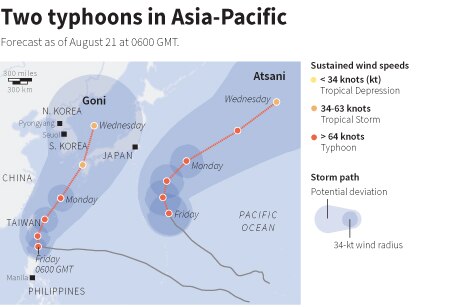 Map showing forecast and potential path of Typhoon Goni and Atsani
