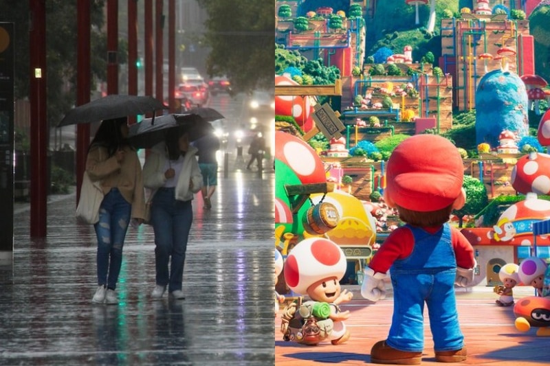 Composite image of rain and Super Mario.