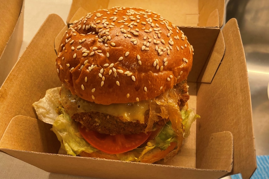 A burger in a cardboard carton.