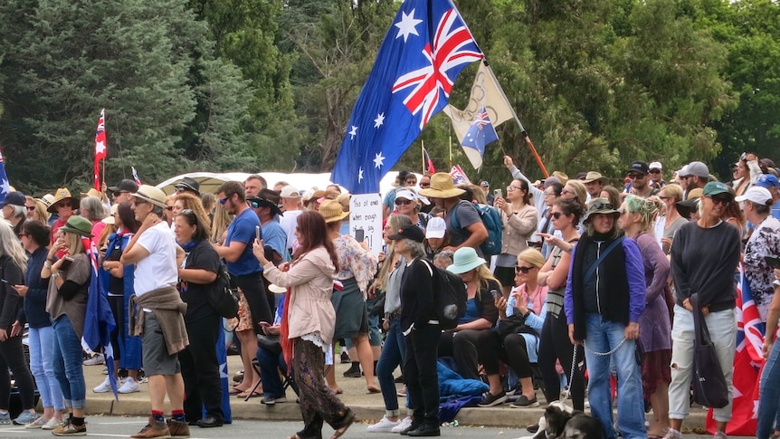 Various people stand holding flags.