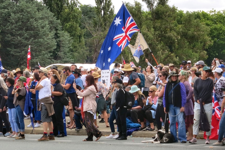 Various people stand holding flags.