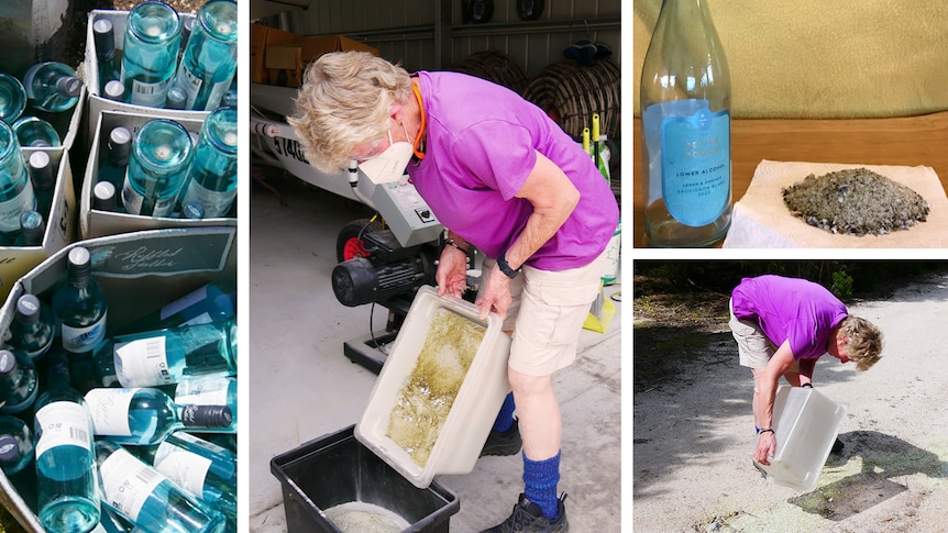 Women sifts glass fragments into tub