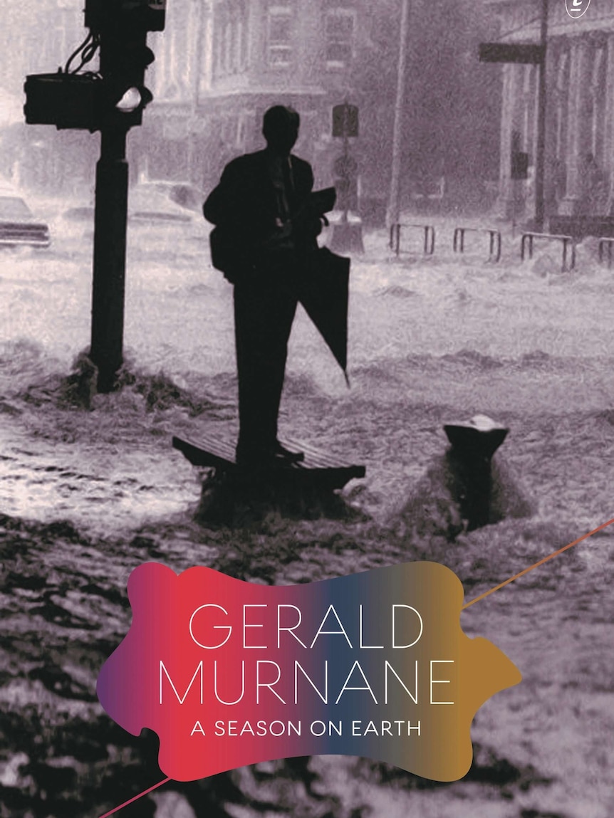 The book cover shows a black and white image of a man on a flooded city street.