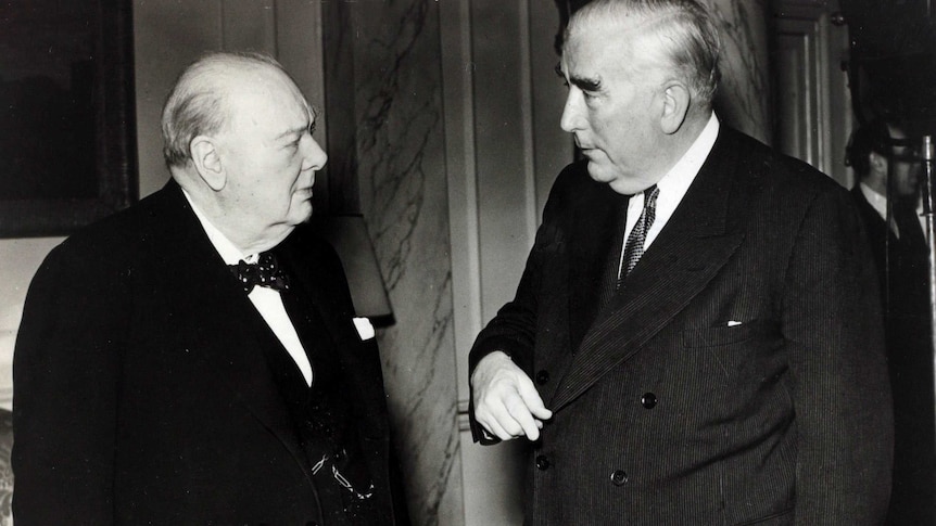 Profile of Winston Churchill speaking to Robert Menzies, January 1955