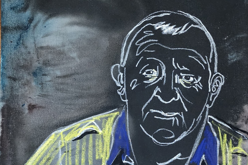 A portrait drawing of a man in a high vis top. 