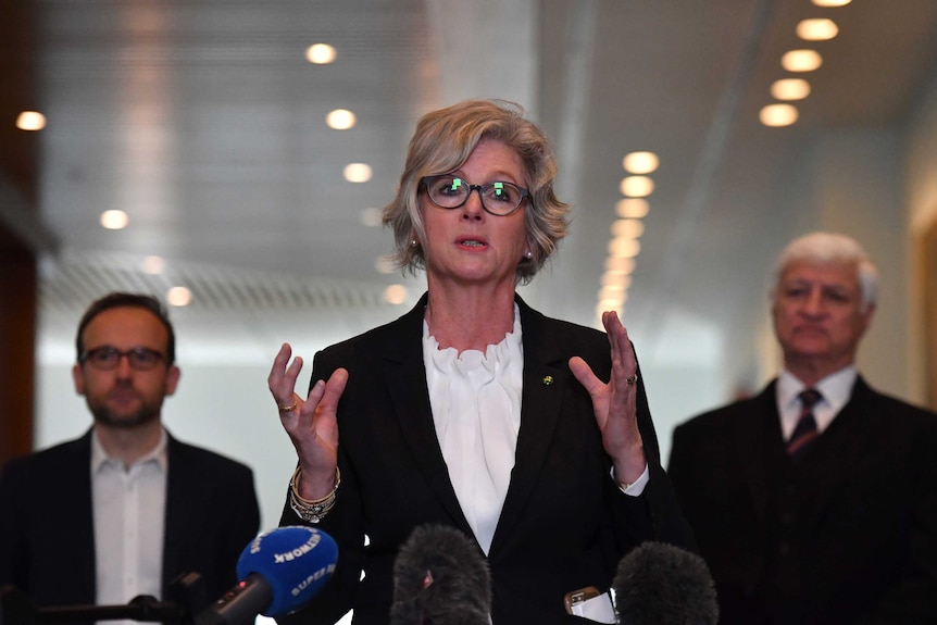 A woman in glasses and a black suit jacket gives a press conference inside with two men standing behind her.