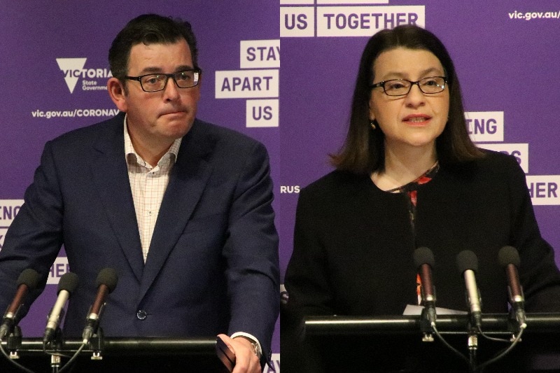 Daniel Andrews and Jenny Mikakos stand at a podium at a press conference in two separate images.