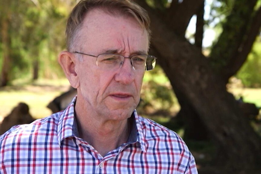 An older man in a checked shirt and glasses being interviewed in a park.