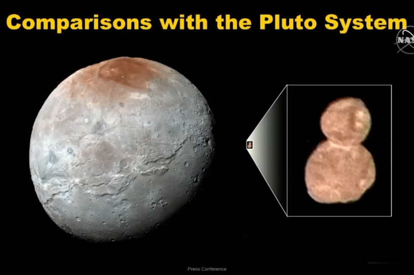 Slide with a picture of a moon, next to a picture of Ultima Thule, which is similar in colour to a polar region on the moon
