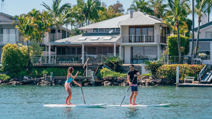 Two people on stand up paddleboards in water
