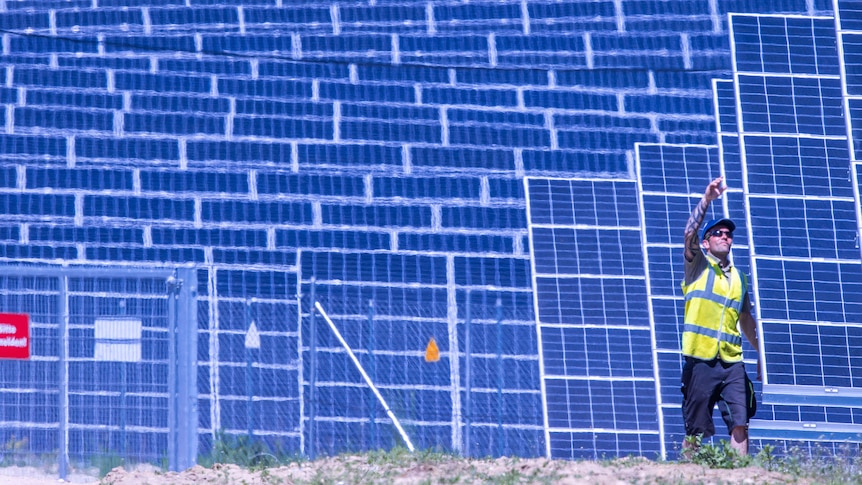 A worker checks cable connection on a solar panel at a solar farm