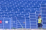 A worker checks cable connection on a solar panel at a solar farm