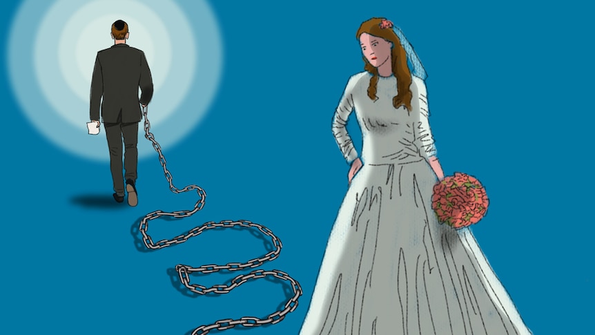 An illustration shows a bride chained to her husband.