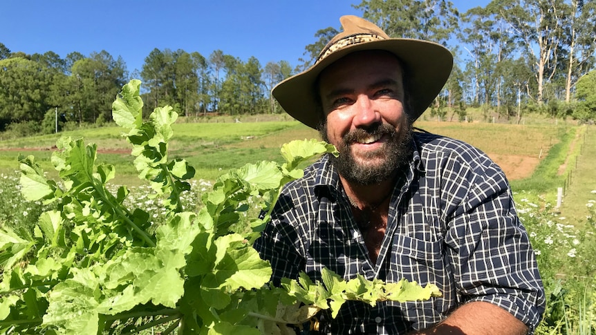 A smiling bearded farmer in a broad-brimmed hat crouches holds a leafy daikon radish in a hilly paddock