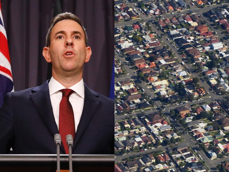 Αριστερά: Ο Jim Chalmers στο μέσο της ομιλίας στο βάθρο.  Δεξιά: Αεροφωτογραφία κατοικιών προαστίων.