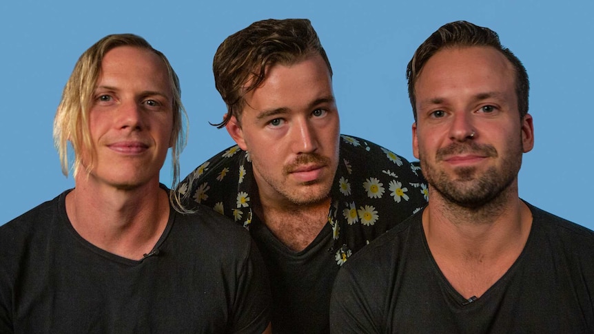 Screenshot of RUFUS DU SOL from triple j Inspired video, trio in front of a blue background.