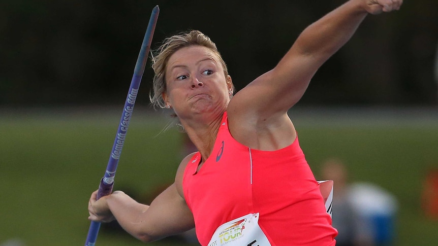 Kim Mickle competes in the women's javelin at the Perth Track Classic