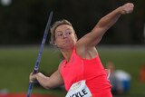 Kim Mickle competes in javelin at the Perth Track Classic on February 14, 2015.
