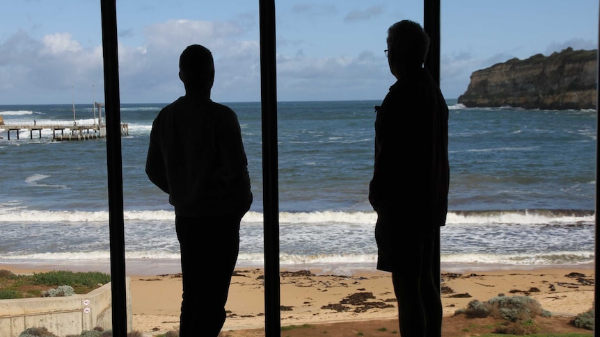 Two men look out to sea through a window