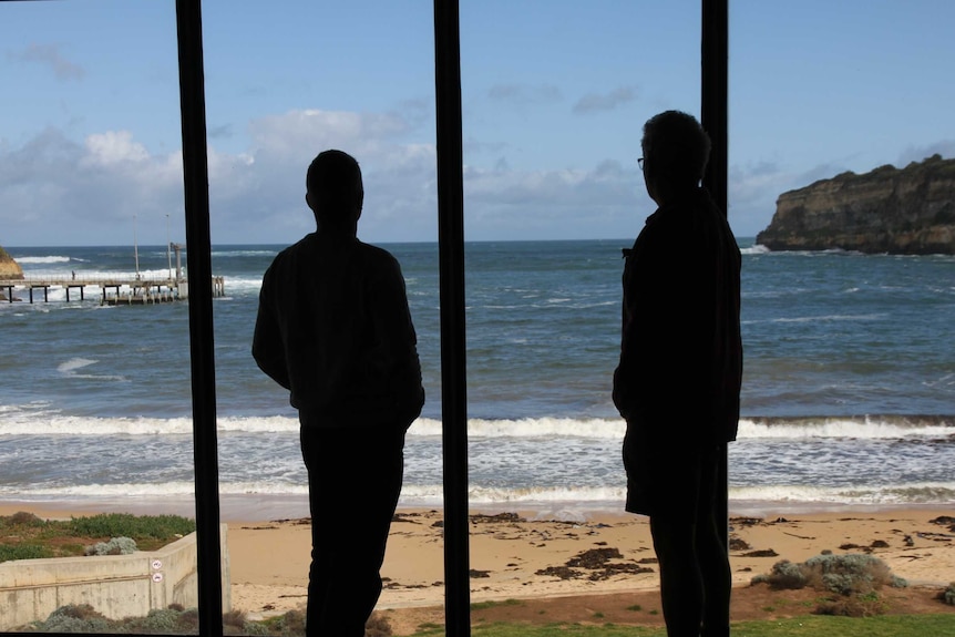 Two men look out to sea through a window
