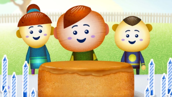 A screenshot of a game, which has three illustrated children on it.