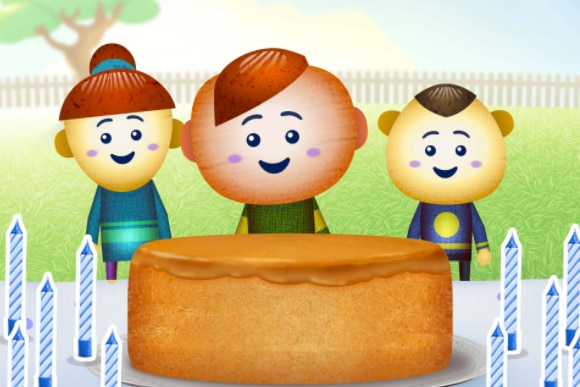 A screenshot of a game, which has three illustrated children on it.