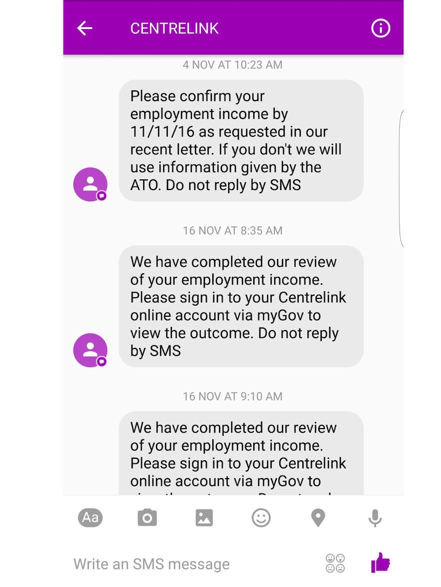 The SMS Centrelink sent Brodie Evans