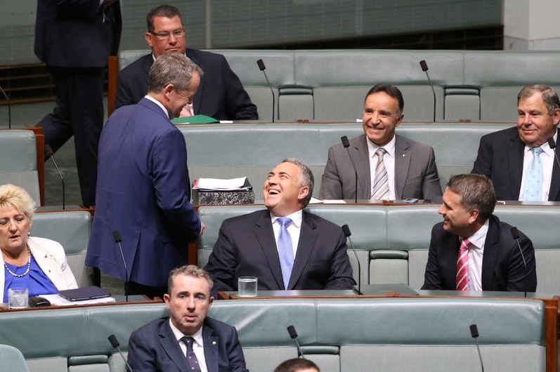Bill Shorten greets Joe Hockey on final day in Parliament