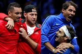 Composite of Nick Kyrgios, Rafael Nadal and Roger Federer at the Laver Cup