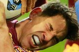 Season over ... Billy Slater after being tackled by the Blues in state of Origin II