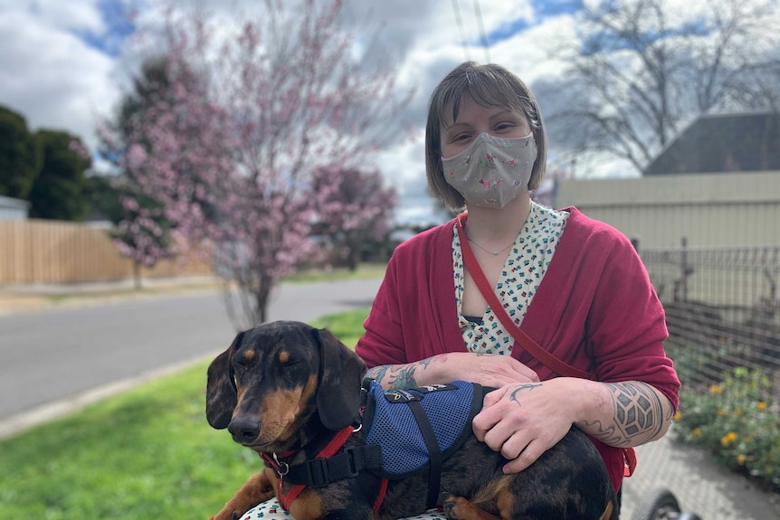 A woman in a mask in a wheelchair and her dog who is sitting on her lap