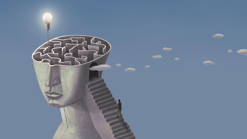 A surreal painting of a man walking up a staircase coming out of a sculptured brain maze with a lightbulb rising out of the maze