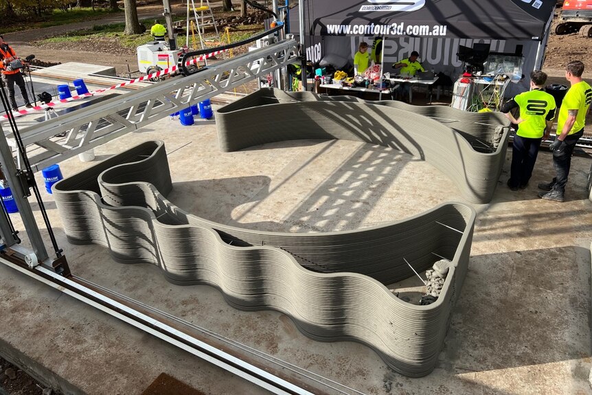 A half-completed 3-D printed house under construction by Contour3D in Melbourne.