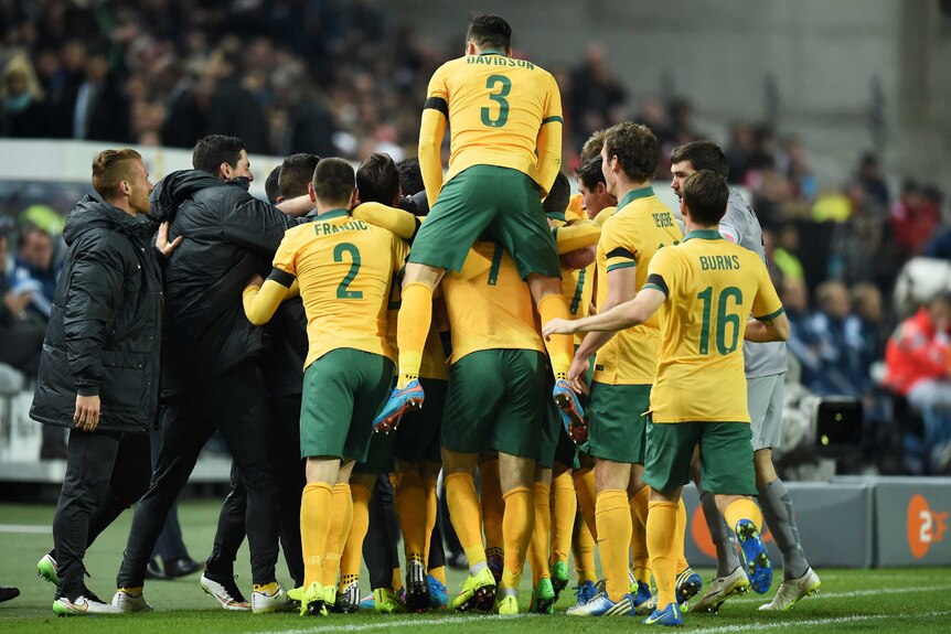 Team effort ... The Socceroos celebrate Mile Jedinak's goal