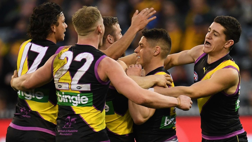 Tigers players react after Dion Prestia (4th L) kicks a goal against Hawthorn at the MCG.