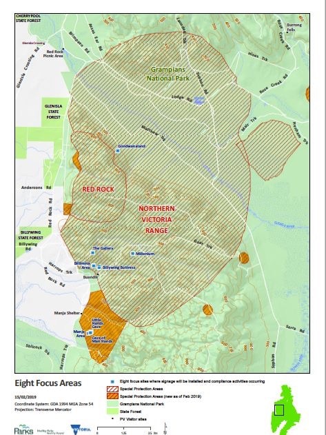 A map mainly featuring green and brown, showing areas where rock climbing is banned.