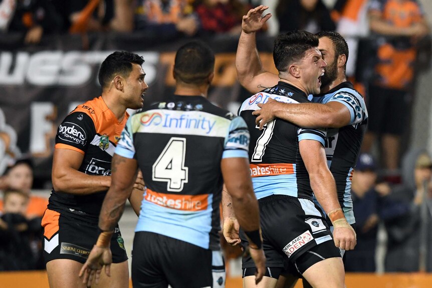 The Sharks celebrate during a win over the Tigers