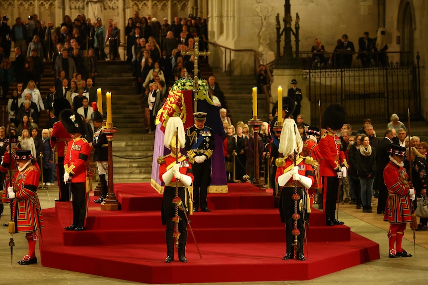 King Charles III and his siblings perform Vigil of the Princes around Queen Elizabeth II's coffin in Westminster Hall.