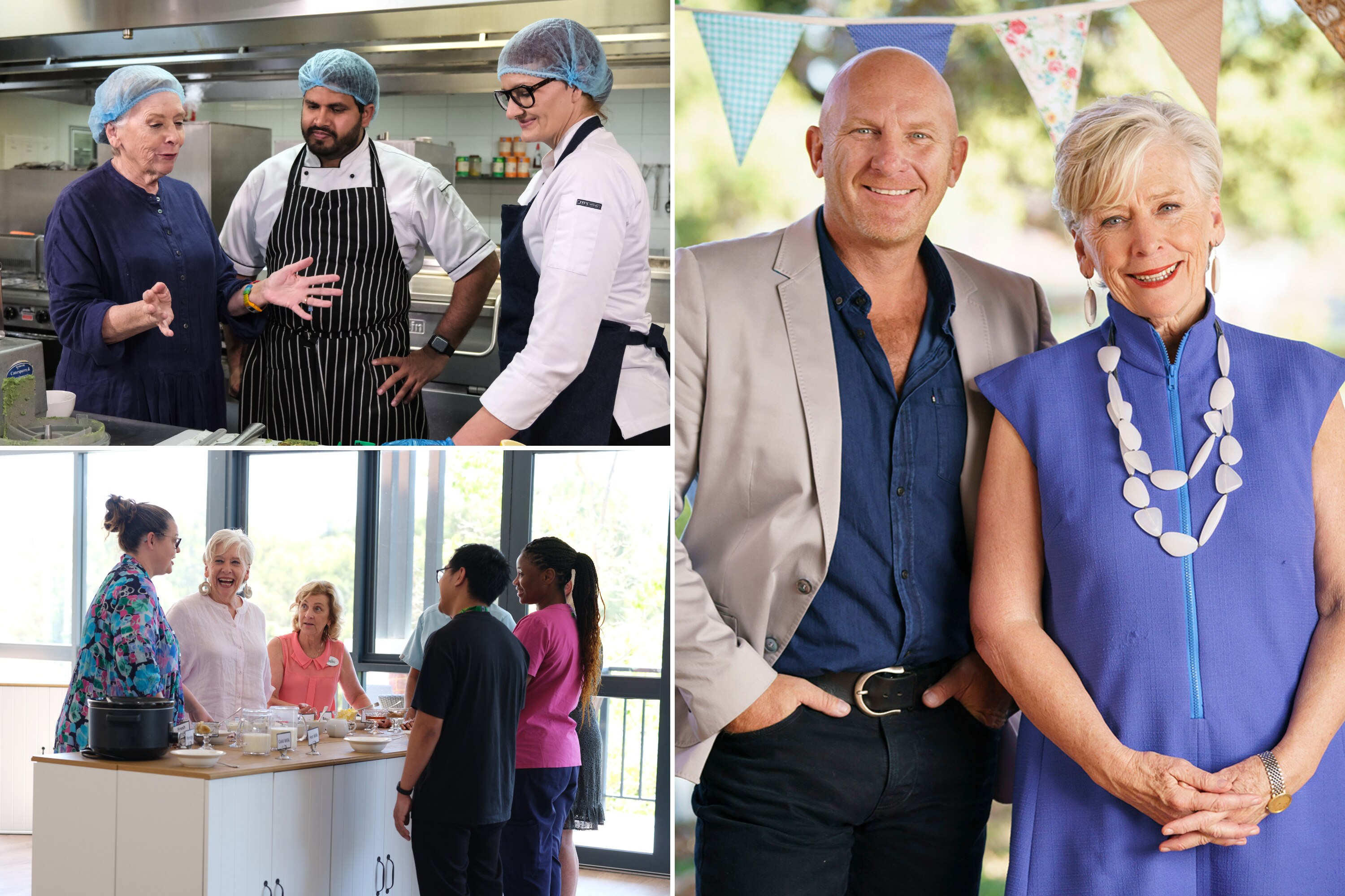 A composite of Matt Moran, Maggie Beer and staff working in aged care.