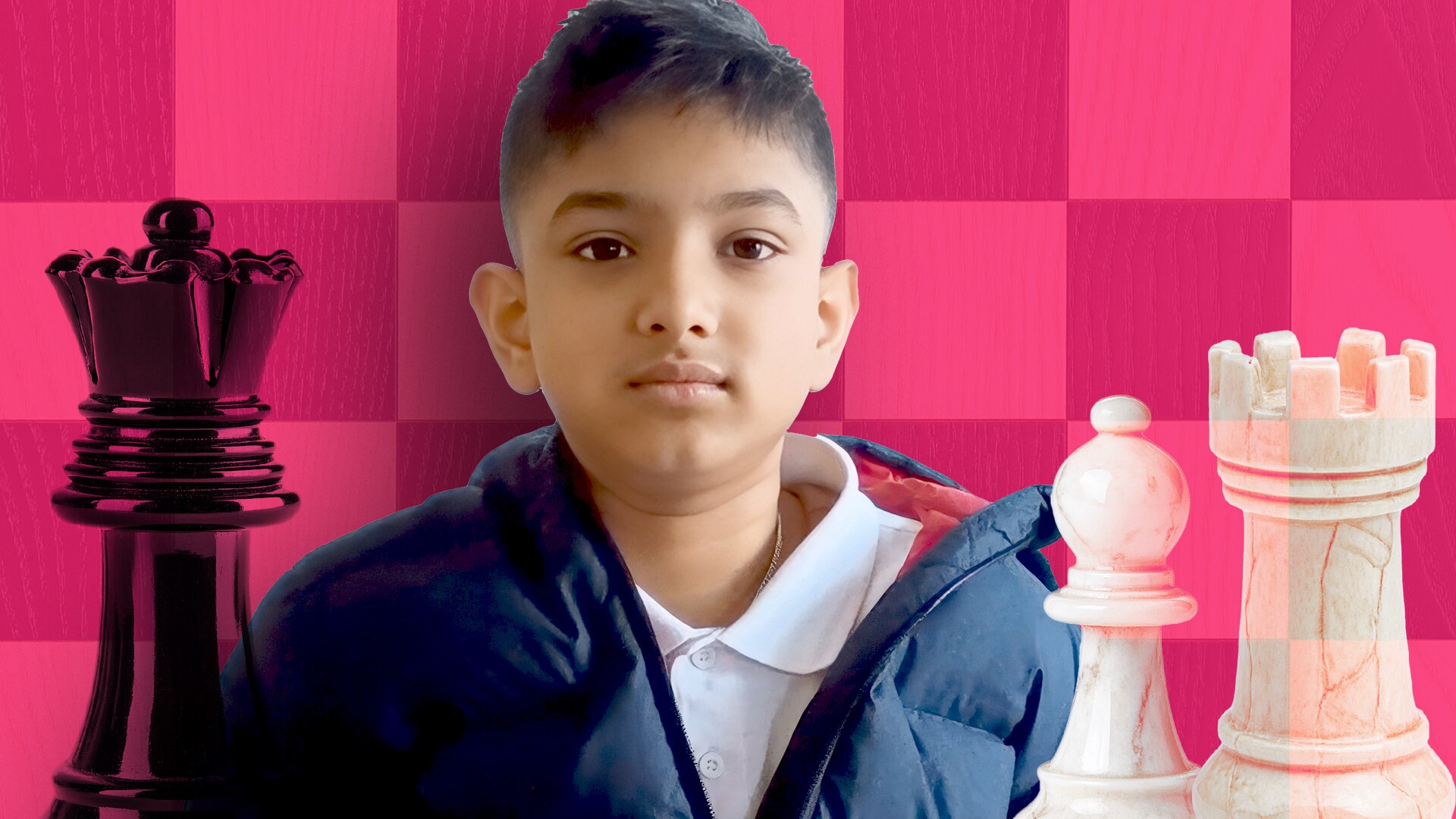 Illustration of Reyaansh looking to camera and chess pieces around him against a chess board.