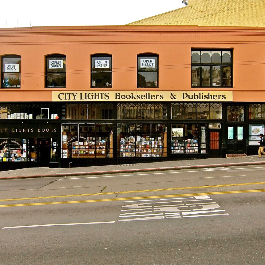 A bookshop called City Lights on a city street