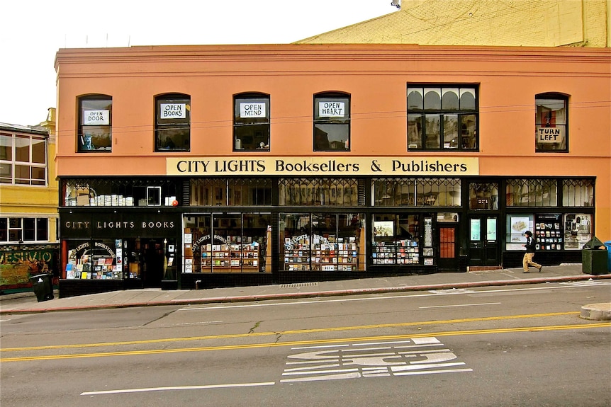 A bookshop called City Lights on a city street