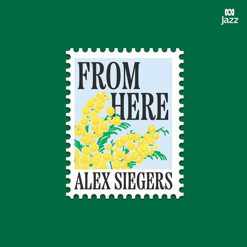 An image of a postal stamp with wattle flowers and gum leaves against a green background