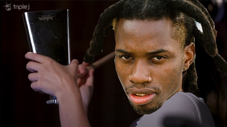 A photoshop of Denzel Curry playing cowbell in the LIke A Version studio